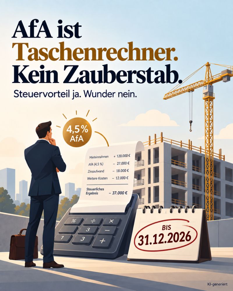 Illustration zur 4,5-Prozent-AfA bei begünstigten Wohngebäuden und zur Wirtschaftlichkeitsrechnung einer Anlegerwohnung