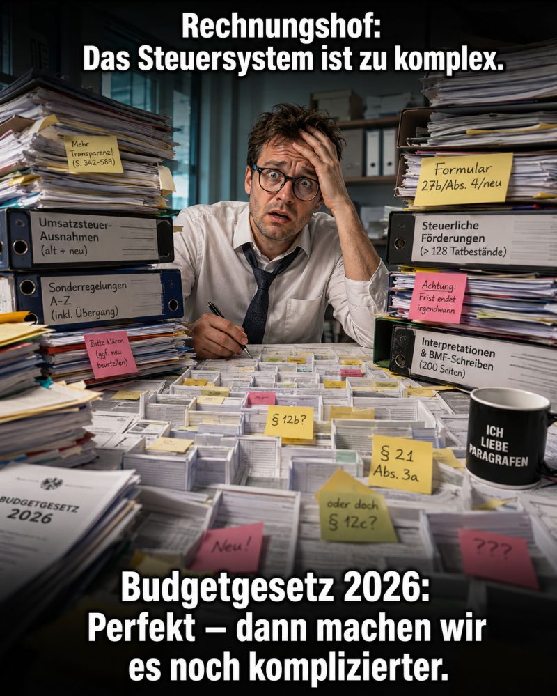 Illustration zu komplexem Steuerrecht, Bürokratie und Budgetgesetz 2026