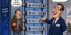 Humorvolle Illustration zu EU-Regulierung, Banken, Identifikation und Compliance