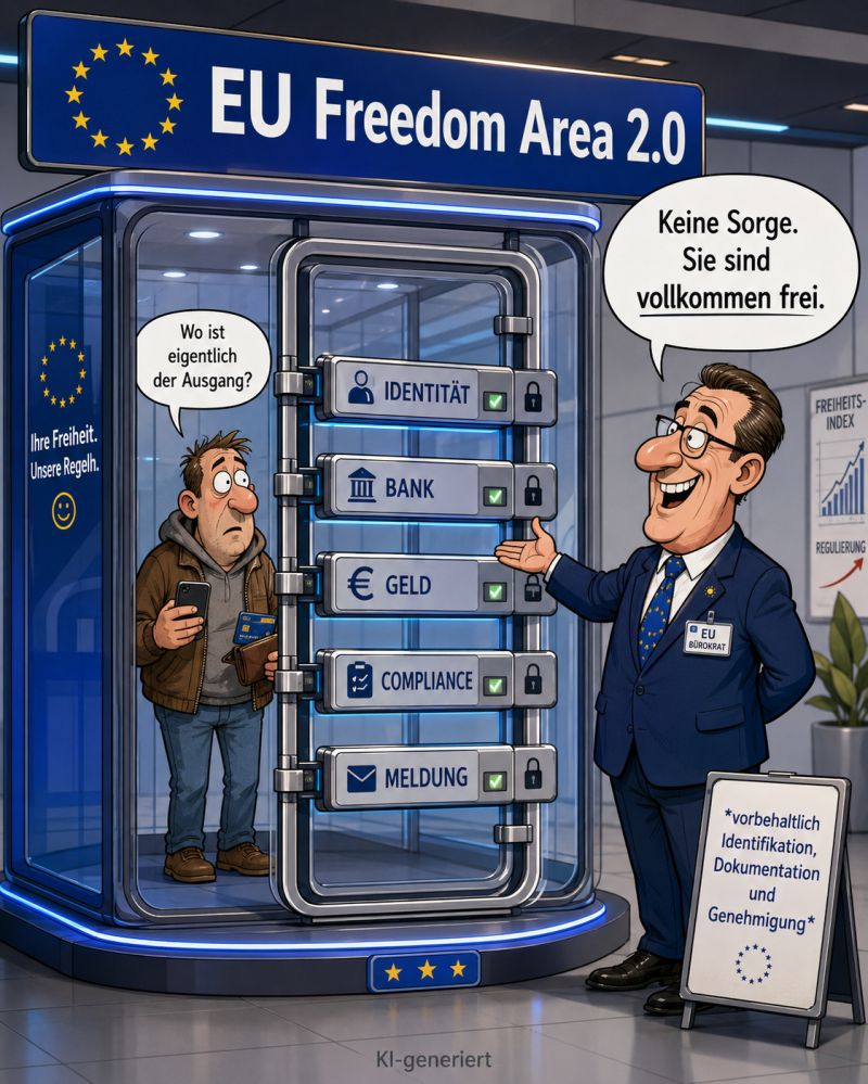 Humorvolle Illustration zu EU-Regulierung, Banken, Identifikation und Compliance