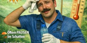 Humorvolle Illustration zur österreichischen Hitzeschutzverordnung und Schutzmaßnahmen bei Arbeiten im Freien