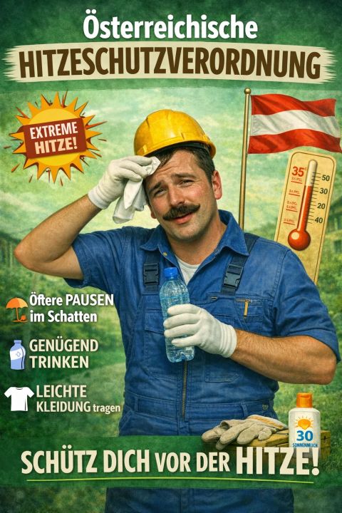 Humorvolle Illustration zur österreichischen Hitzeschutzverordnung und Schutzmaßnahmen bei Arbeiten im Freien