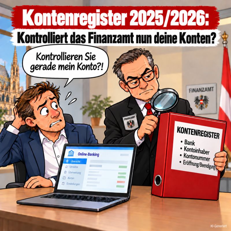 Illustration zum österreichischen Kontenregister und zur Frage, welche Kontoinformationen dem Finanzamt zugänglich sind