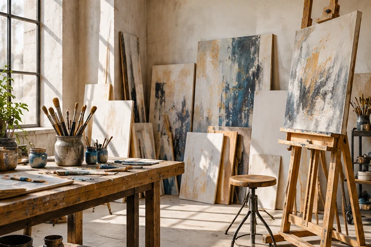 Lichtdurchflutetes beispielhaftes Künstleratelier mit Staffeleien und Materialien