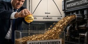 Illustration der Laffer-Kurve und des Zusammenhangs zwischen Steuersatz, Wirtschaftsleistung und Steueraufkommen