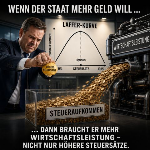 Illustration der Laffer-Kurve und des Zusammenhangs zwischen Steuersatz, Wirtschaftsleistung und Steueraufkommen