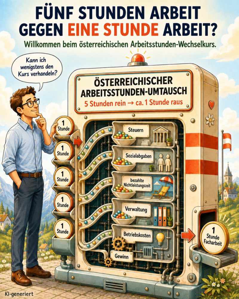 Illustration zum Verhältnis von Arbeitszeit, Lohnnebenkosten, Verwaltung, Betriebskosten und verrechenbarer Facharbeiterstunde