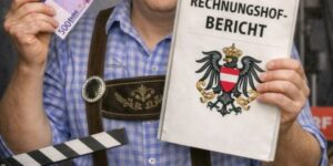 Humorvolle Illustration zu ORF-Beitrag, Unternehmen, Geld und Rechnungshof