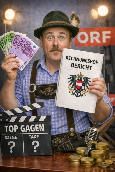 Humorvolle Illustration zu ORF-Beitrag, Unternehmen, Geld und Rechnungshof