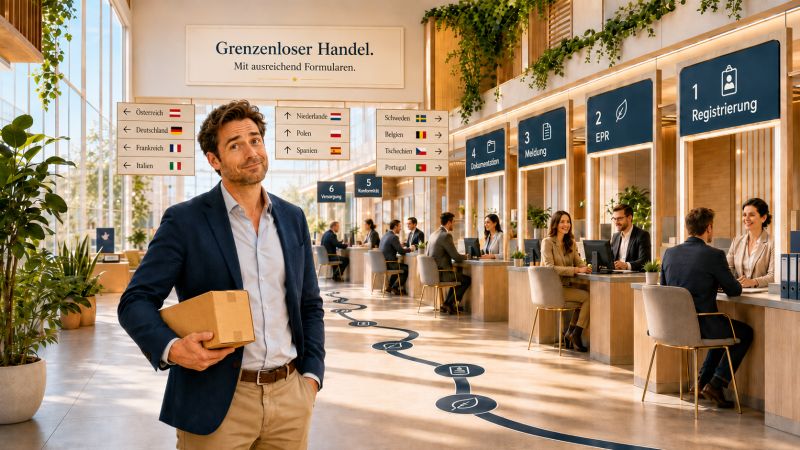 Illustration zu grenzüberschreitendem Handel, Registrierungen, EPR, Dokumentation und Compliance