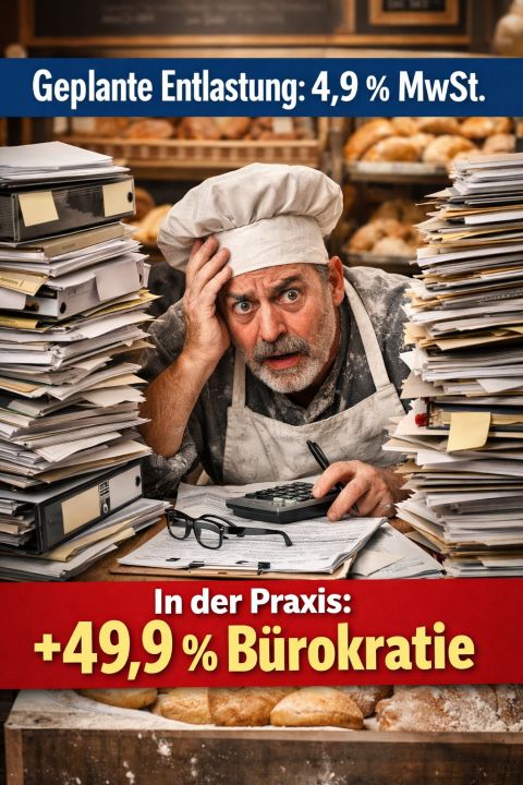 Humorvolle Illustration zur 4,9-Prozent-Umsatzsteuer auf Lebensmittel und zusätzlichem Bürokratieaufwand